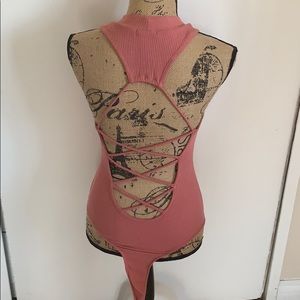 Mauve Rib Strappy Back Thong Bodysuit